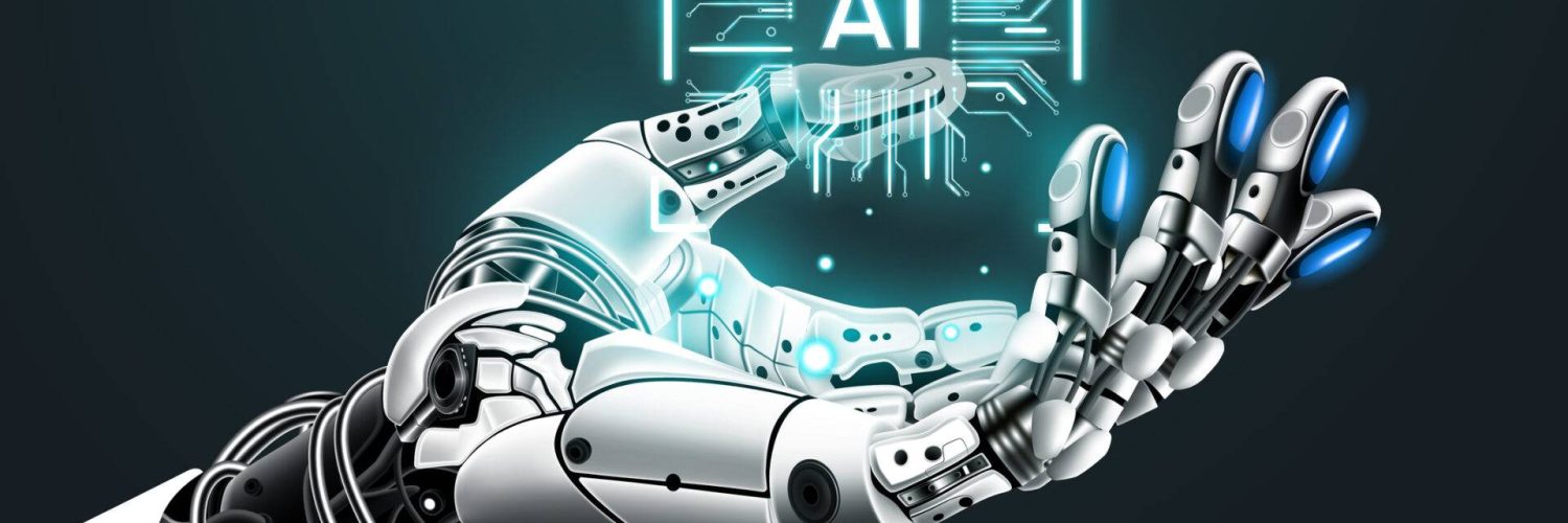 AI humanoid hand holding AI Logo on microchip hologram, Future cybernetic artificial intelligence technology concept, vector illustration eps10